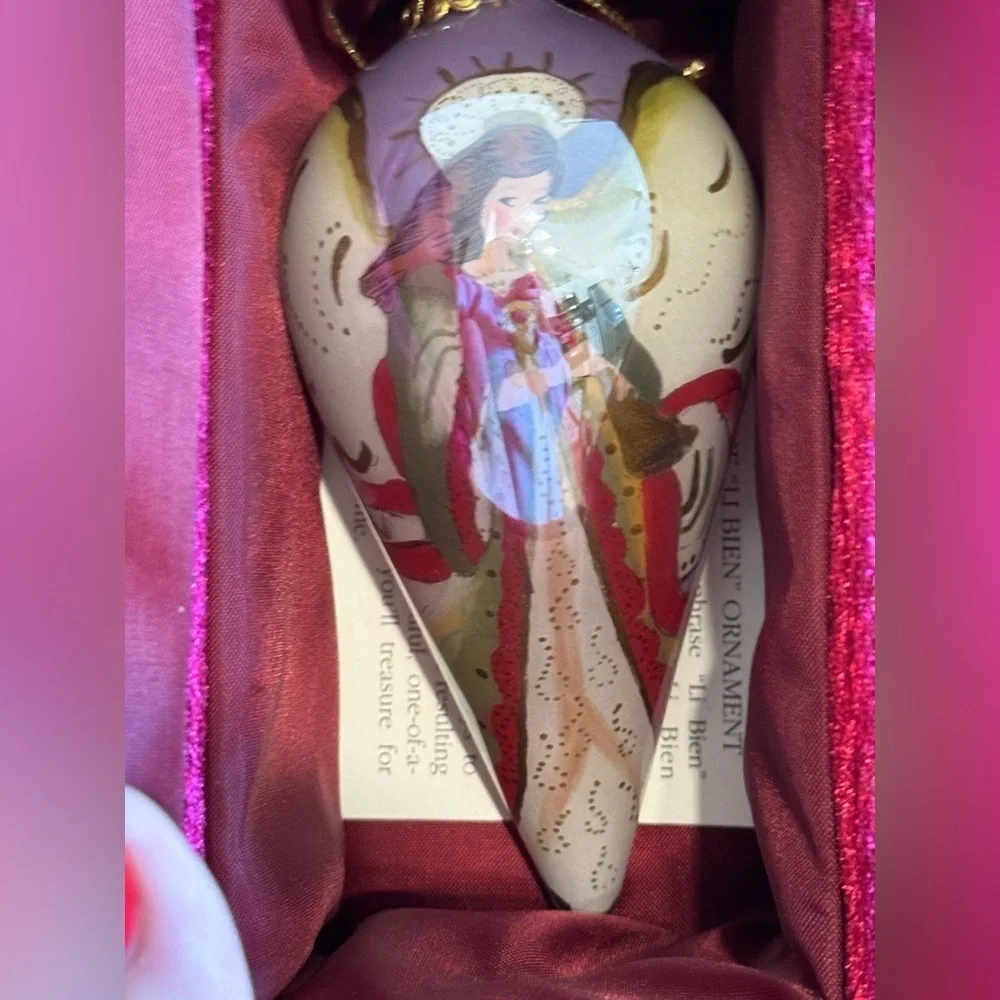 Vintage Pier 1 Li Bien Hand Painted Christmas Angel Ornament Red Velvet Box